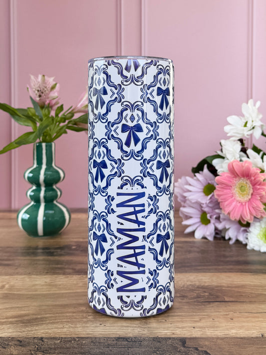 Mug Isotherme 591ml avec Couvercle et Paille - Maman - Noeuds Bleus