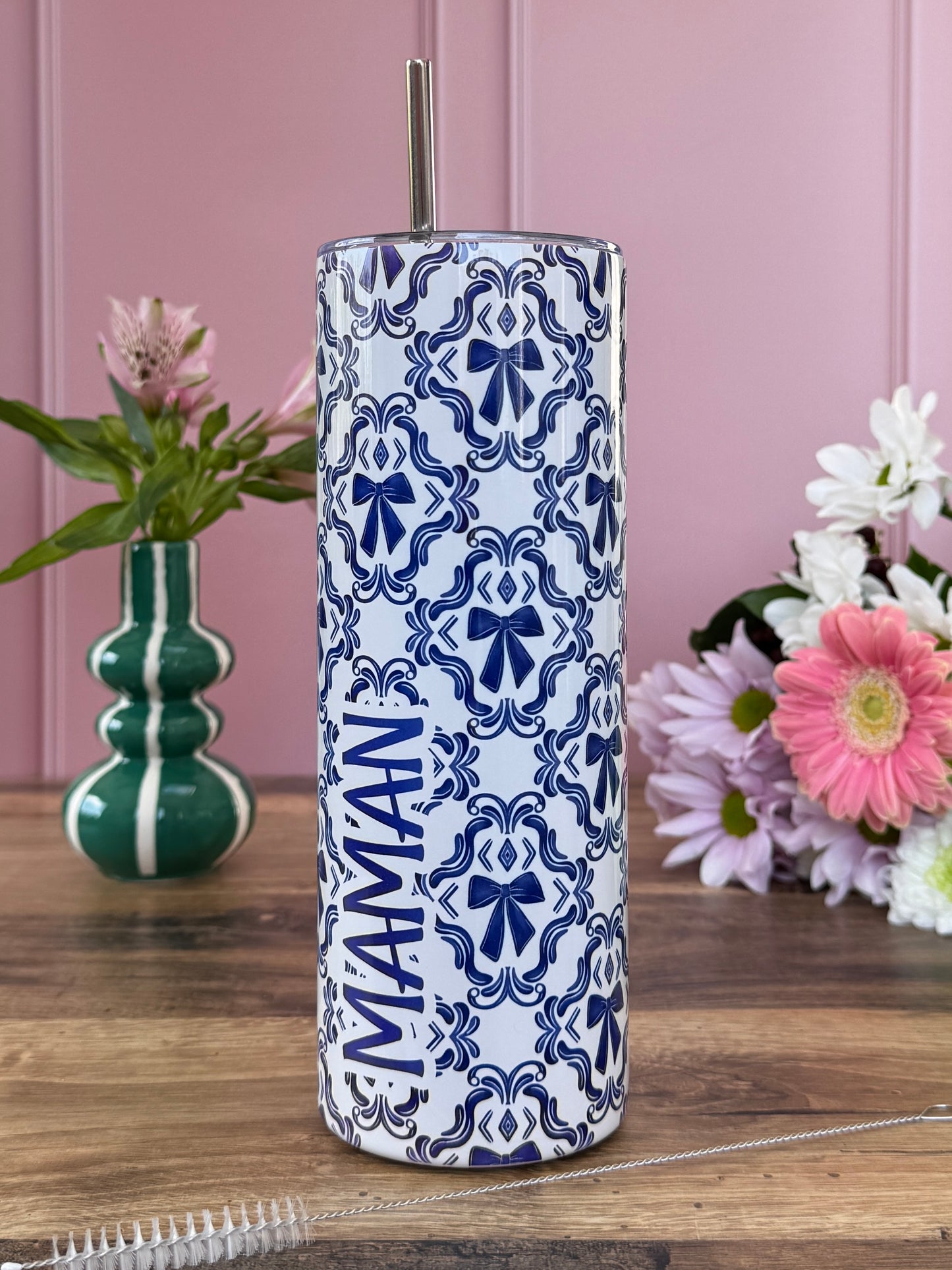 Mug Isotherme 591ml avec Couvercle et Paille - Maman - Noeuds Bleus
