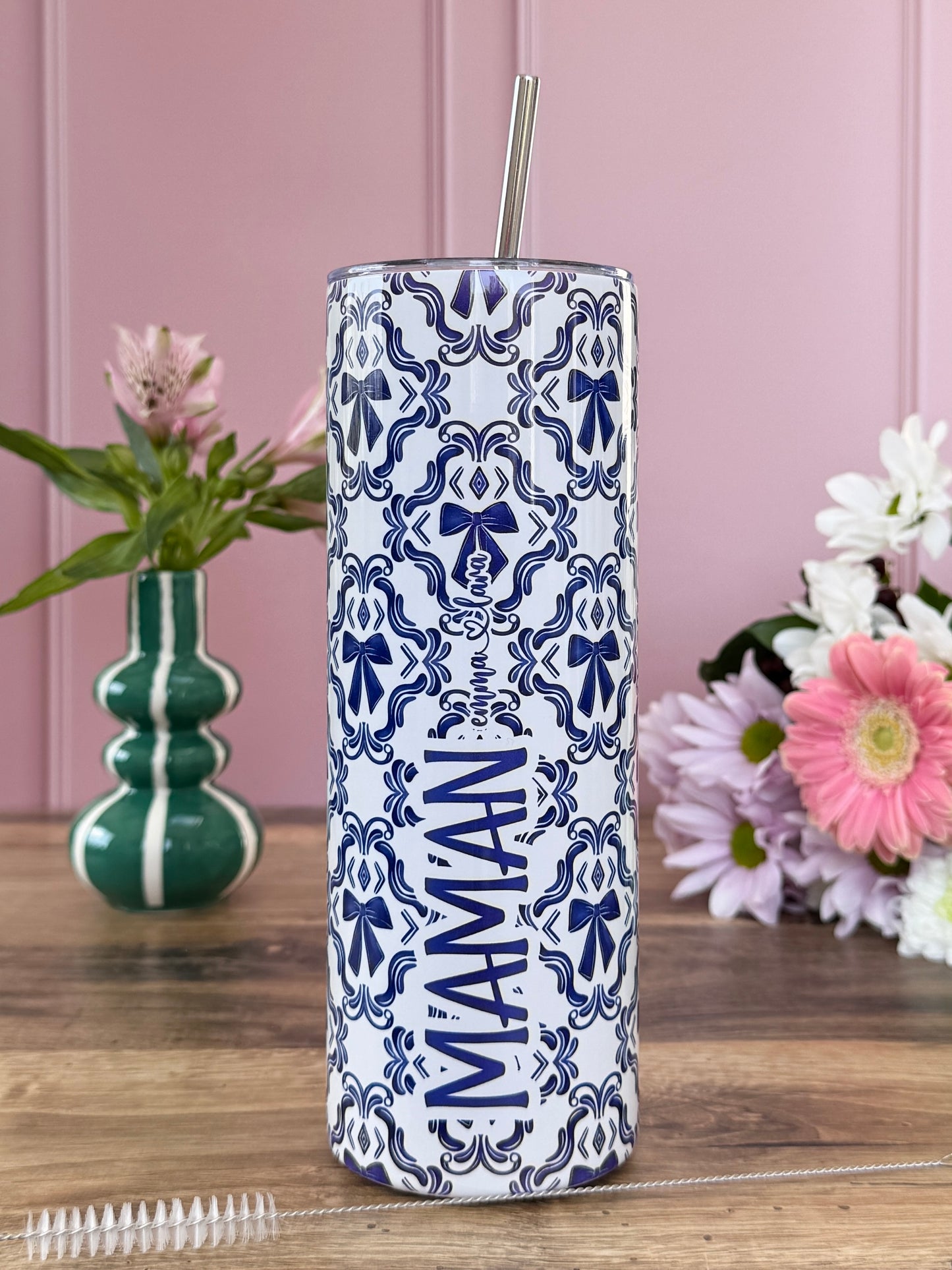 Mug Isotherme 591ml avec Couvercle et Paille - Maman - Noeuds Bleus - Personnalisable
