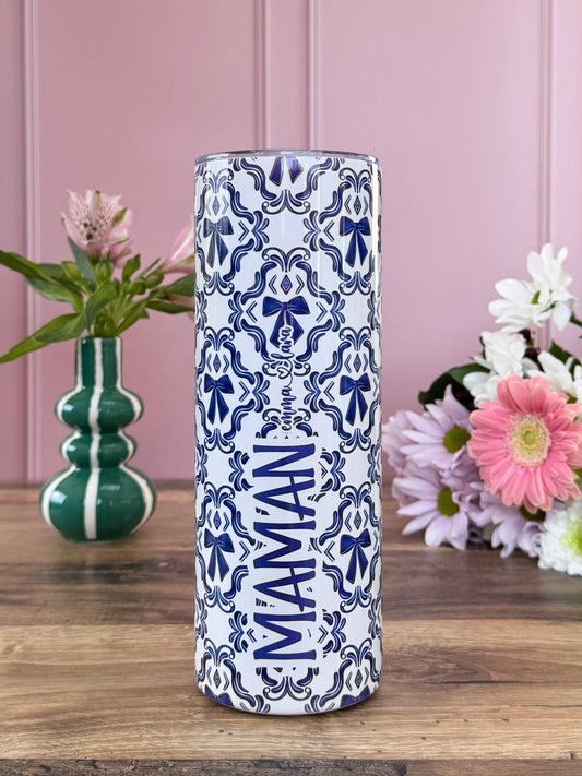 Mug Isotherme 591ml avec Couvercle et Paille - Maman - Noeuds Bleus - Personnalisable