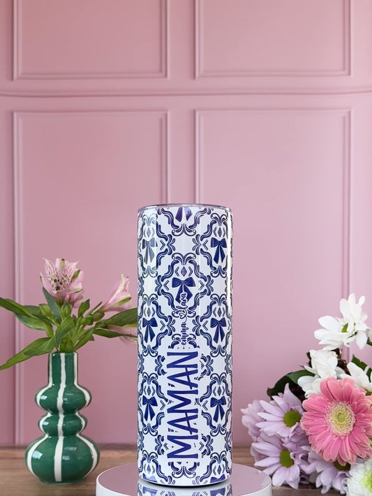 Mug Isotherme 591ml avec Couvercle et Paille - Maman - Noeuds Bleus - Personnalisable