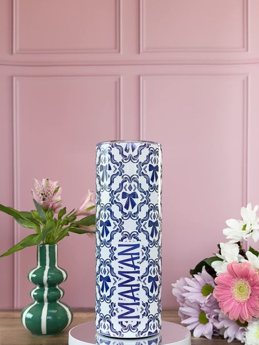 Mug Isotherme 591ml avec Couvercle et Paille - Maman - Noeuds Bleus